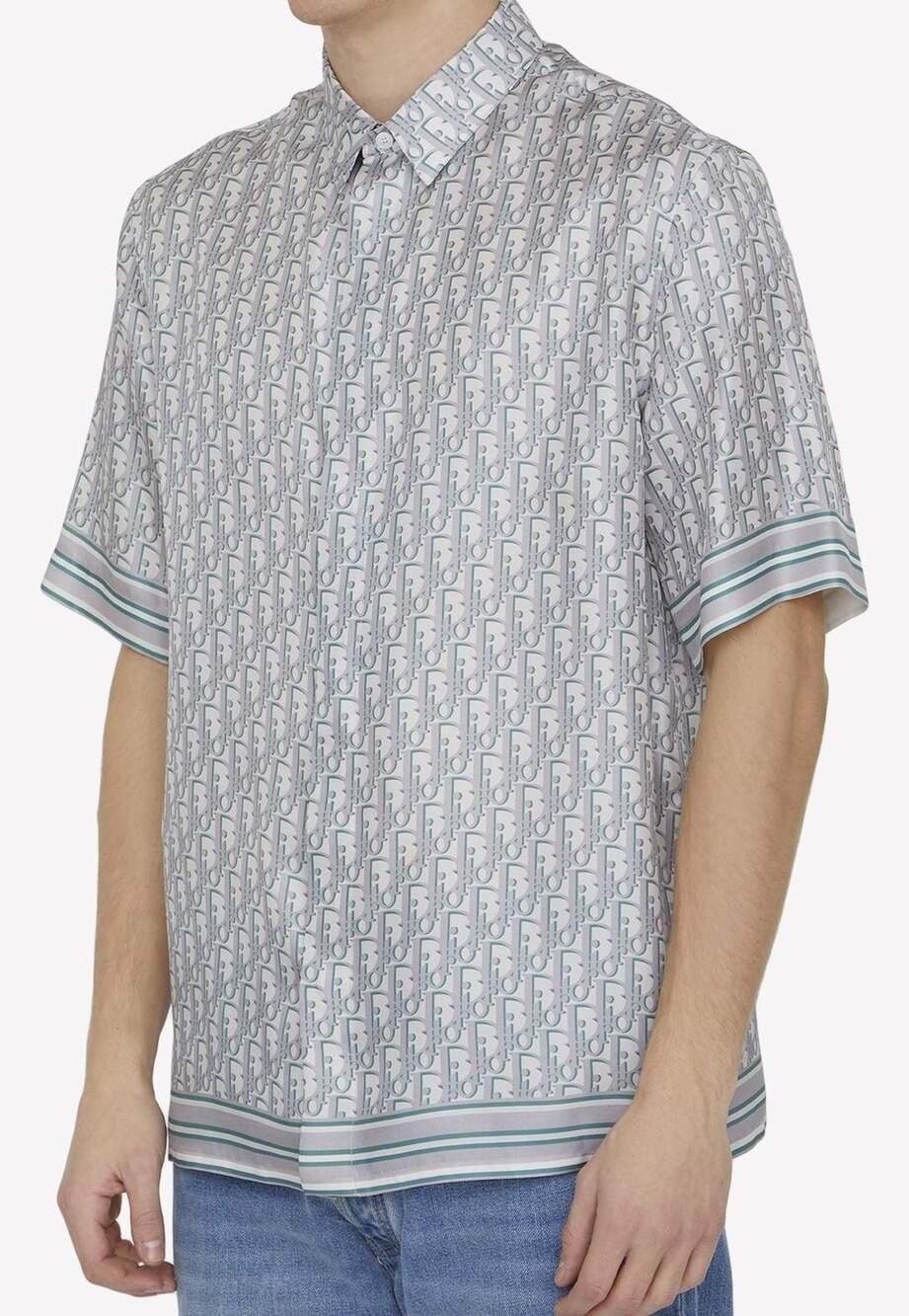 Dior Men Oblique Jacquard Silk Short Sleeve Shirt Grey Size 50